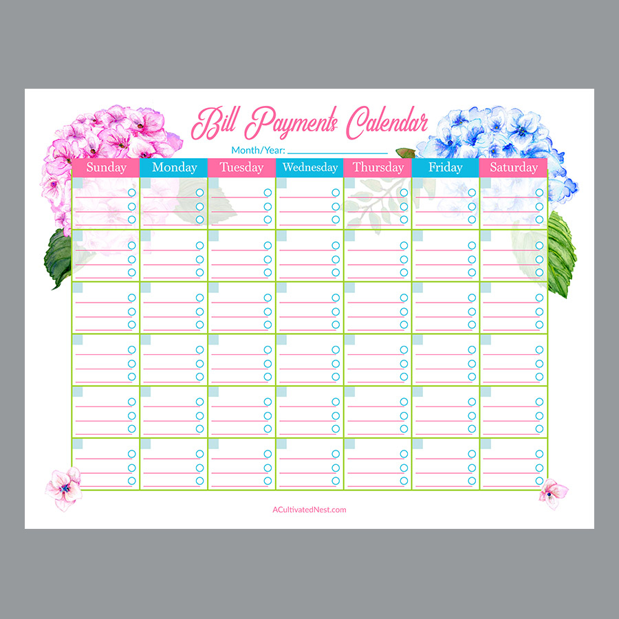 Printable Bill Payments Calendar Hydrangeas within Free Printable Bill Calendar