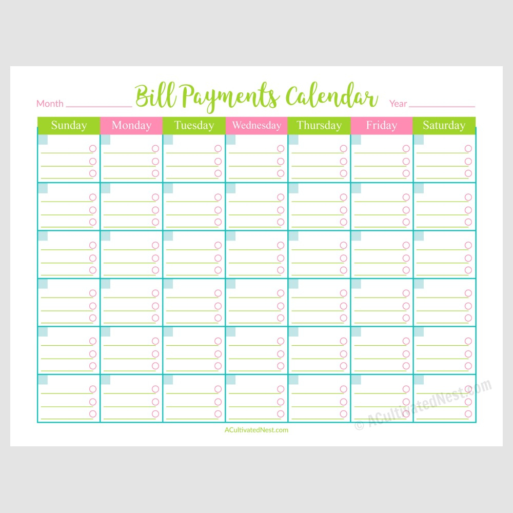 Printable Bill Payments Calendar inside Free Printable Monthly Bill Calendar