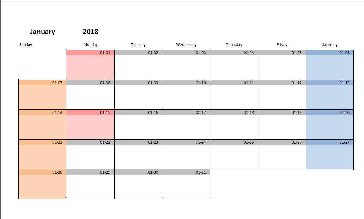 Printable Monthly Calendar Template For Excel | Excelmalin with regard to 3 Month Calendar Template Excel