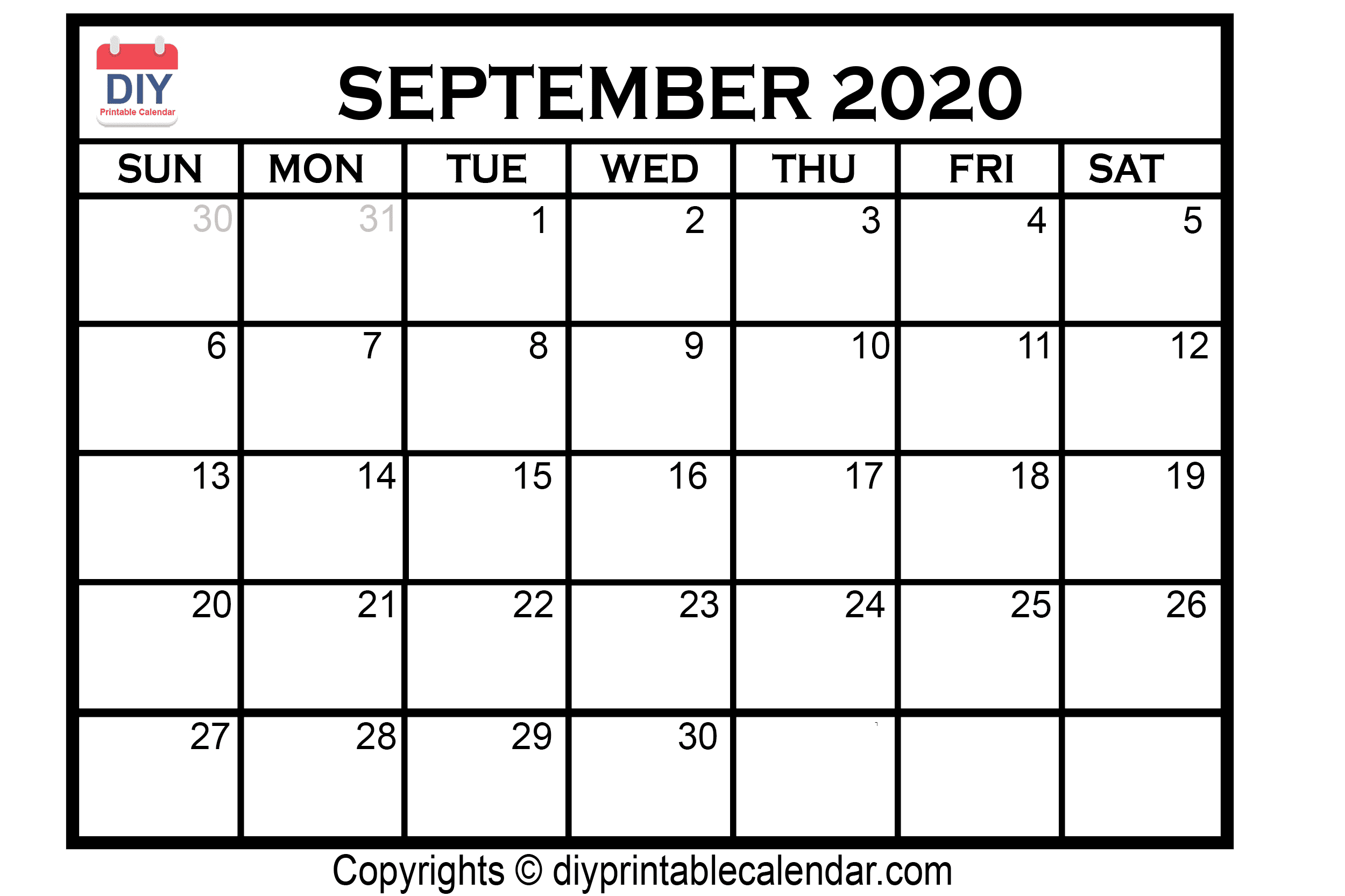 September 2020 Printable Calendar Template regarding September Blank Calendar