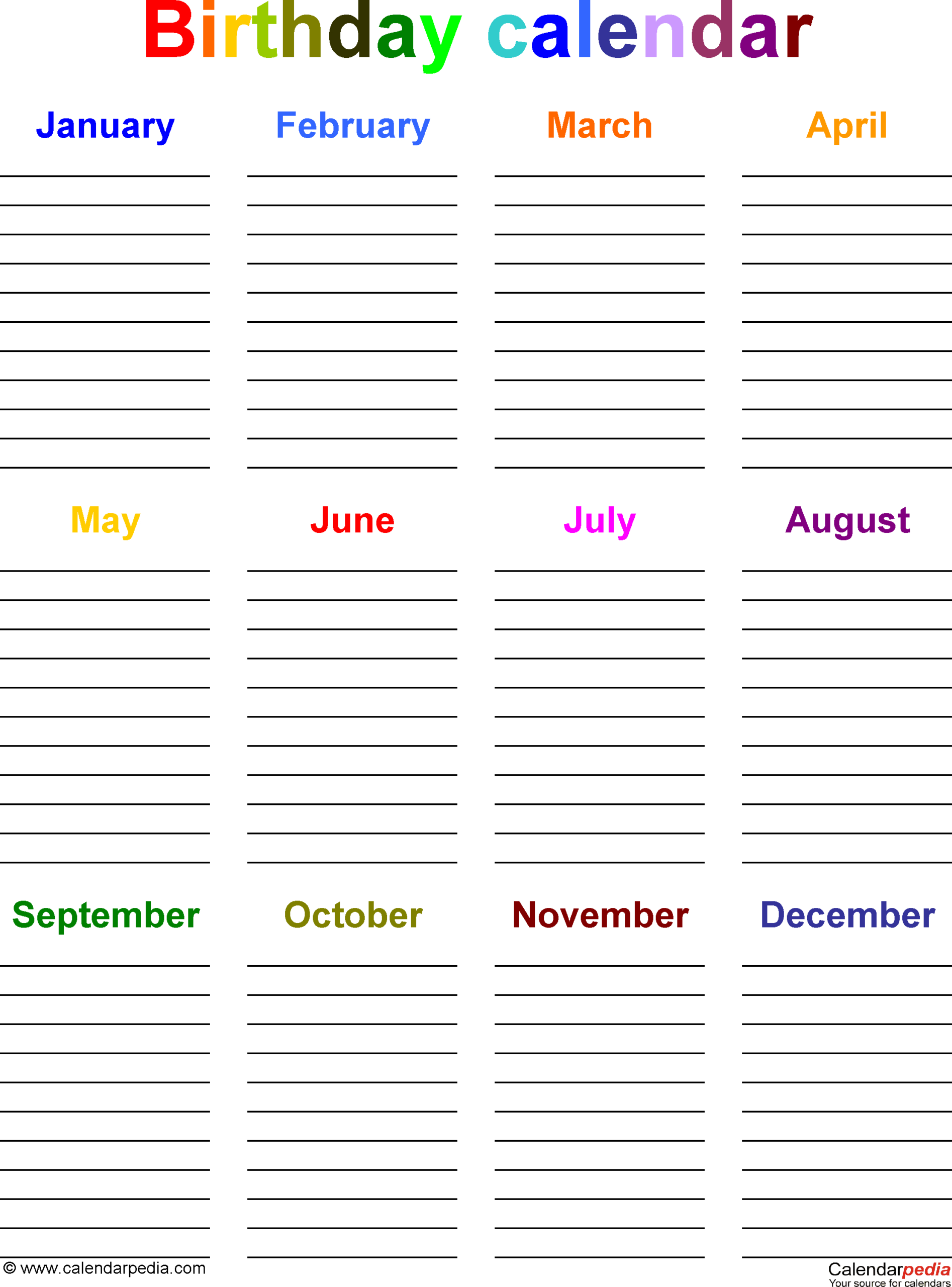Template 5: Pdf Template For Birthday Calendar In Color in Microsoft Birthday Calendar Template