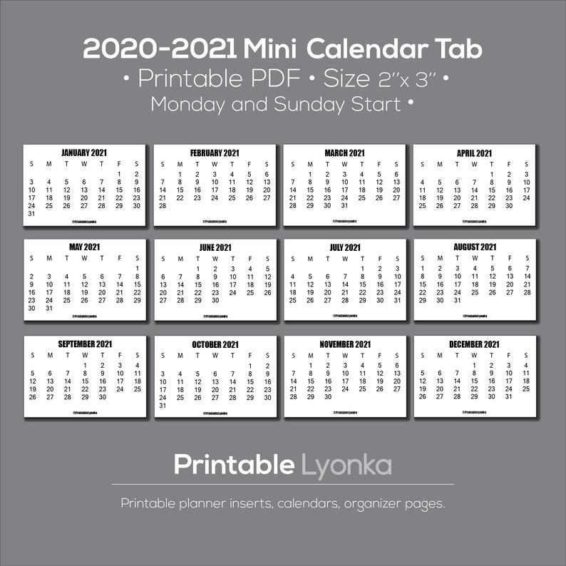 2 X 3 Inch Mini Calendar 2020 2021 Small Printable | Etsy for 3 Month Printed A3 Calendar 2021