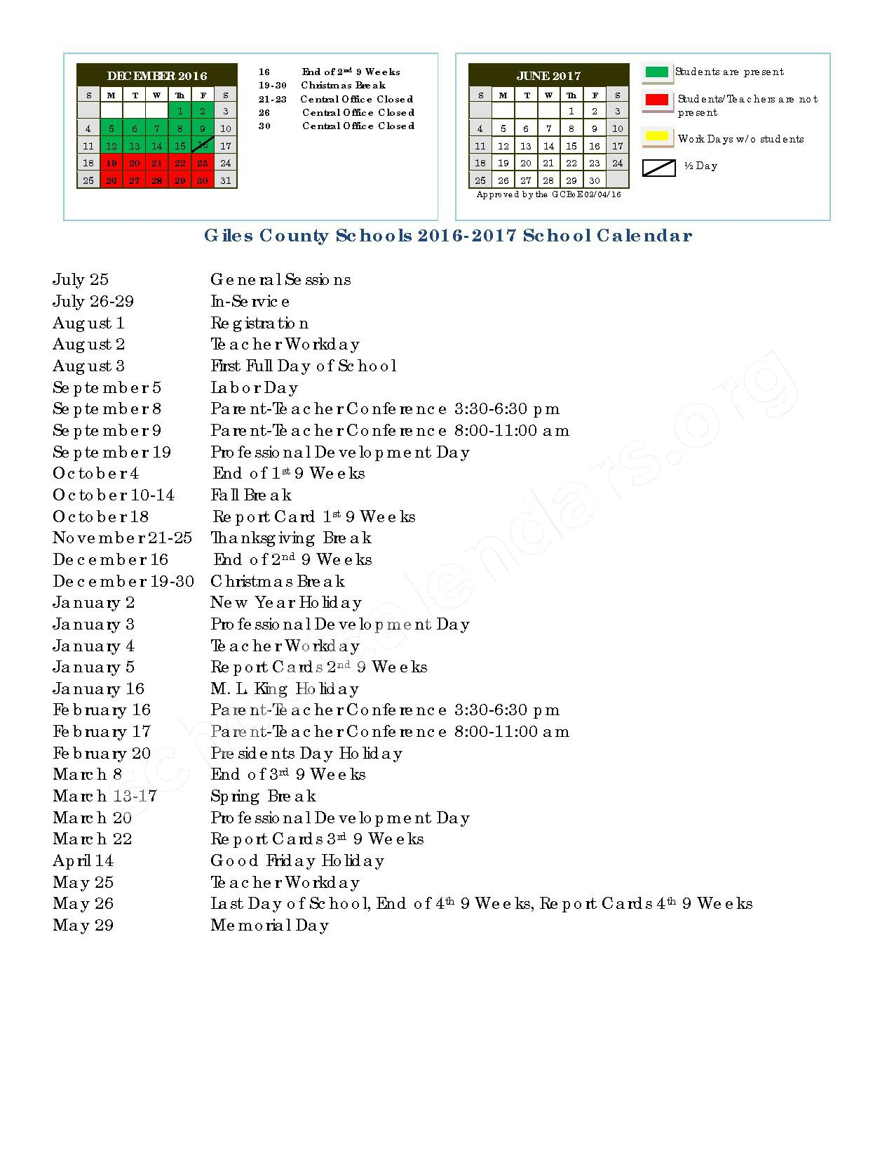 2016  2017 District Calendar | Giles County Schools within Richland 2 School Calendar