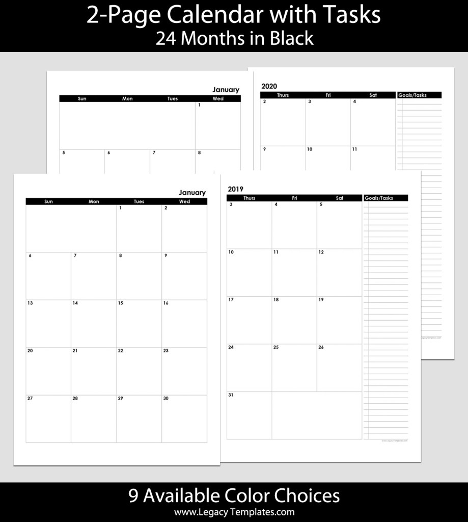 2019 &amp; 2020 24Months 2Page Calendar  A4 | Legacy Templates throughout 4 Month Printable Calendar