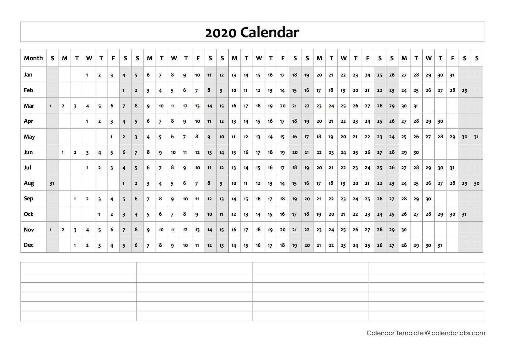2020 Blank Year At A Glance Calendar  Free Printable throughout Blank Year At A Glance Calendar