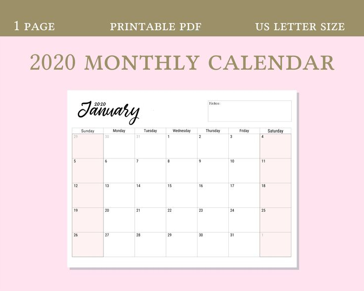 2020 Calendar Digital Download Pdf, Horizontal Calendar throughout Blank Monthly Calendar Portrait