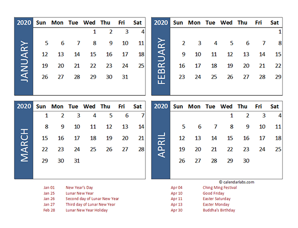 2020 Four Month Calendar Hong Kong Template  Free intended for 2021 Calendar Hong Kong Excel Format