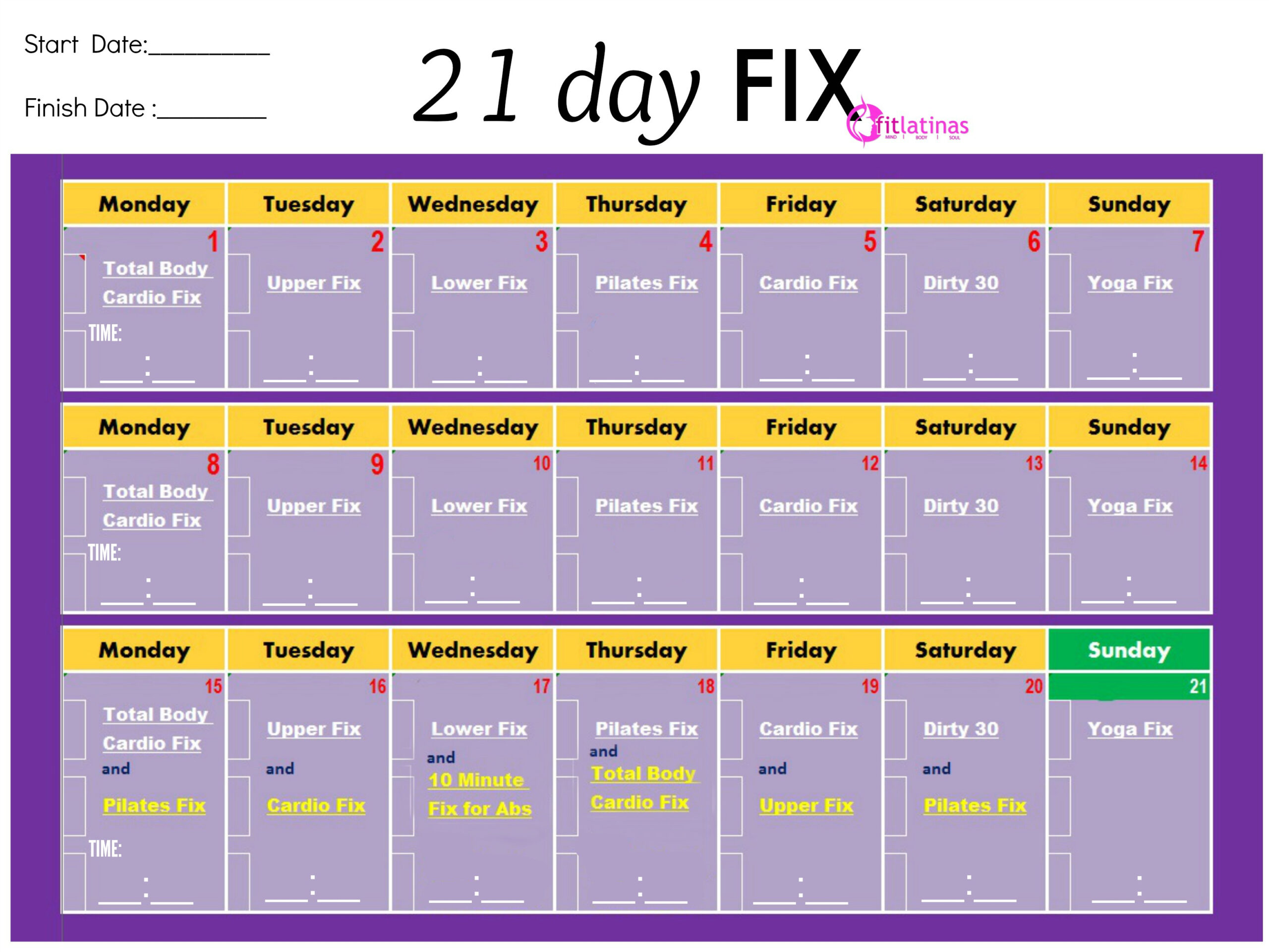 21 Day Fix Calendar  Calendar Yearly Printable with Piyo 21 Day Fix Hybrid Calendar