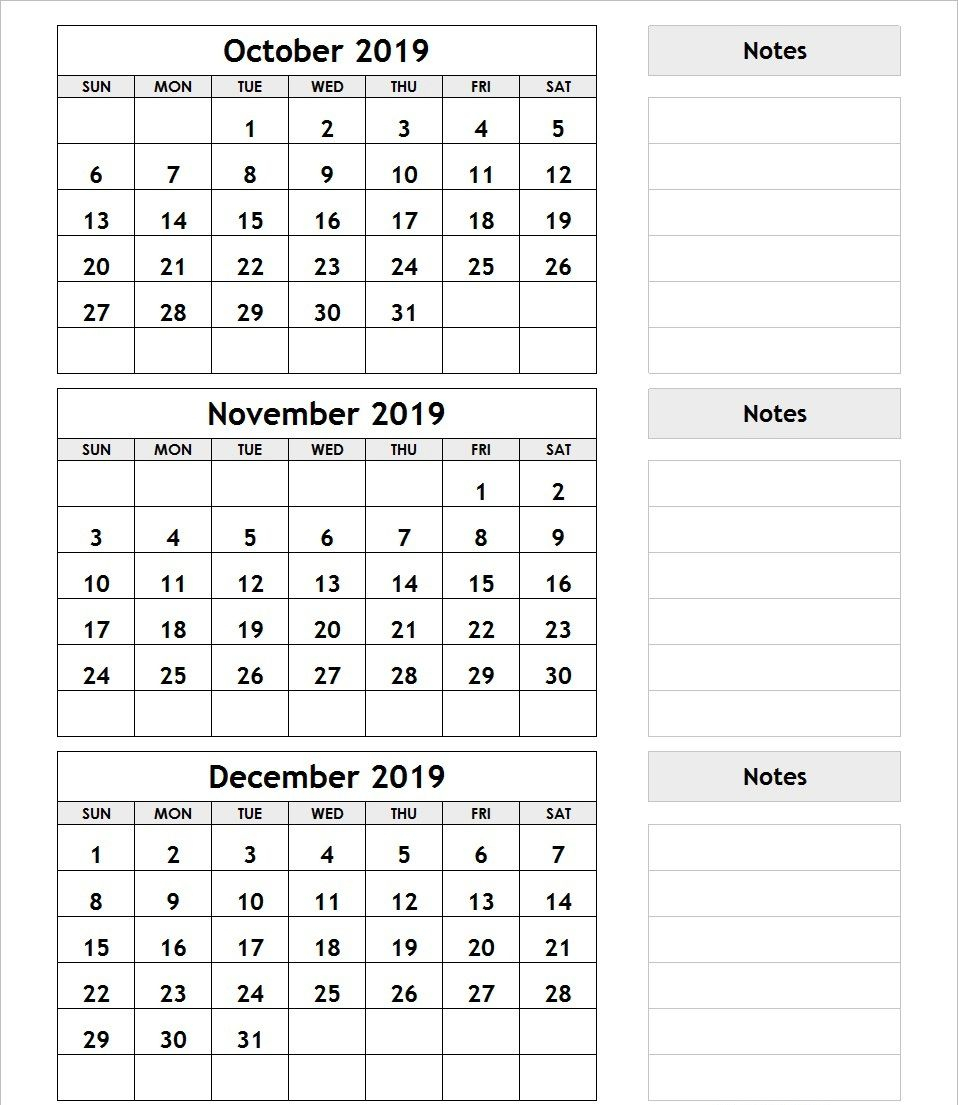 3 Month Calendar October November December 2019 | Calendar in Print 3 Month Calendar