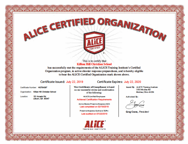 Alice Certified Organization | Killian Hill Christian School for Killian Hill Christian School Calendar