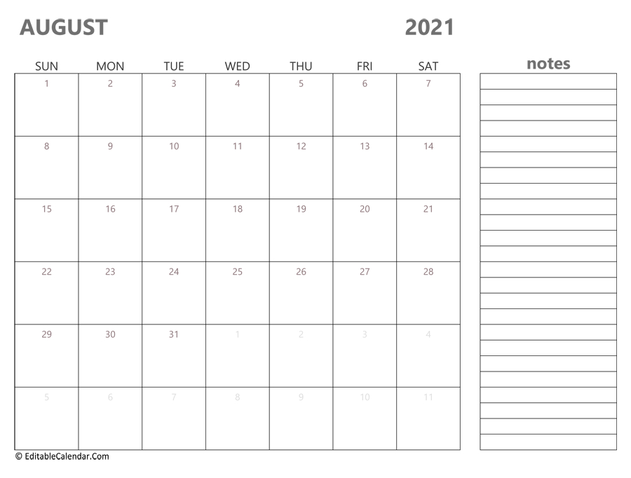 August 2021 Calendar Templates throughout Free Calendar Template August 2021