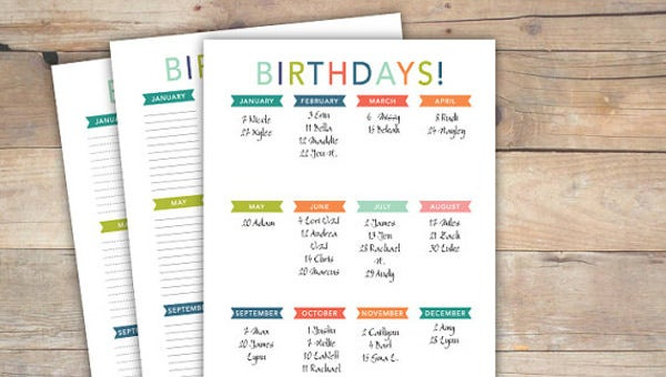 Birthday List Template  12+ Free Psd, Eps,In Design intended for Birthday Calendar Template For Classroom