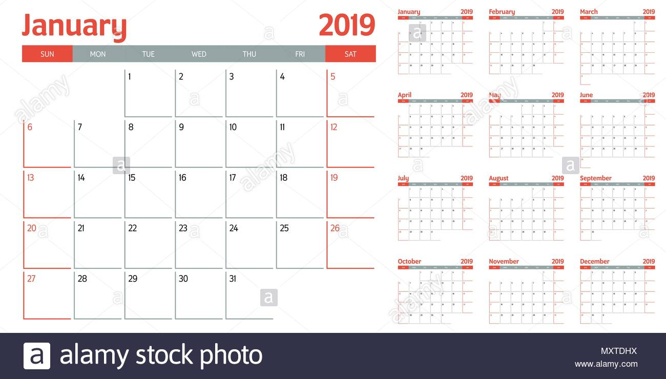 Calendar Planner 2019 Template Vector Illustration All 12 intended for Calendar Sunday To Saturday