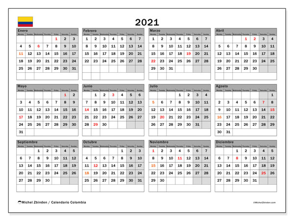 Calendario &quot;Colombia&quot; 2021 Para Imprimir  Michel Zbinden Es with Calendario 2021 Con Semanas