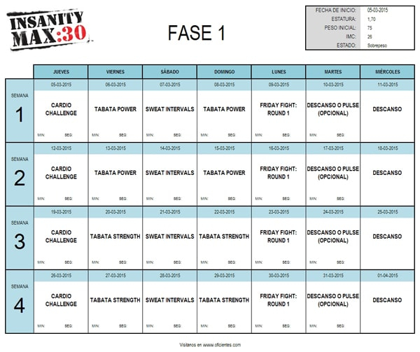 Calendario Insanity Max:30 En Excel  Oficientes within Insanity Max Calendar Pdf