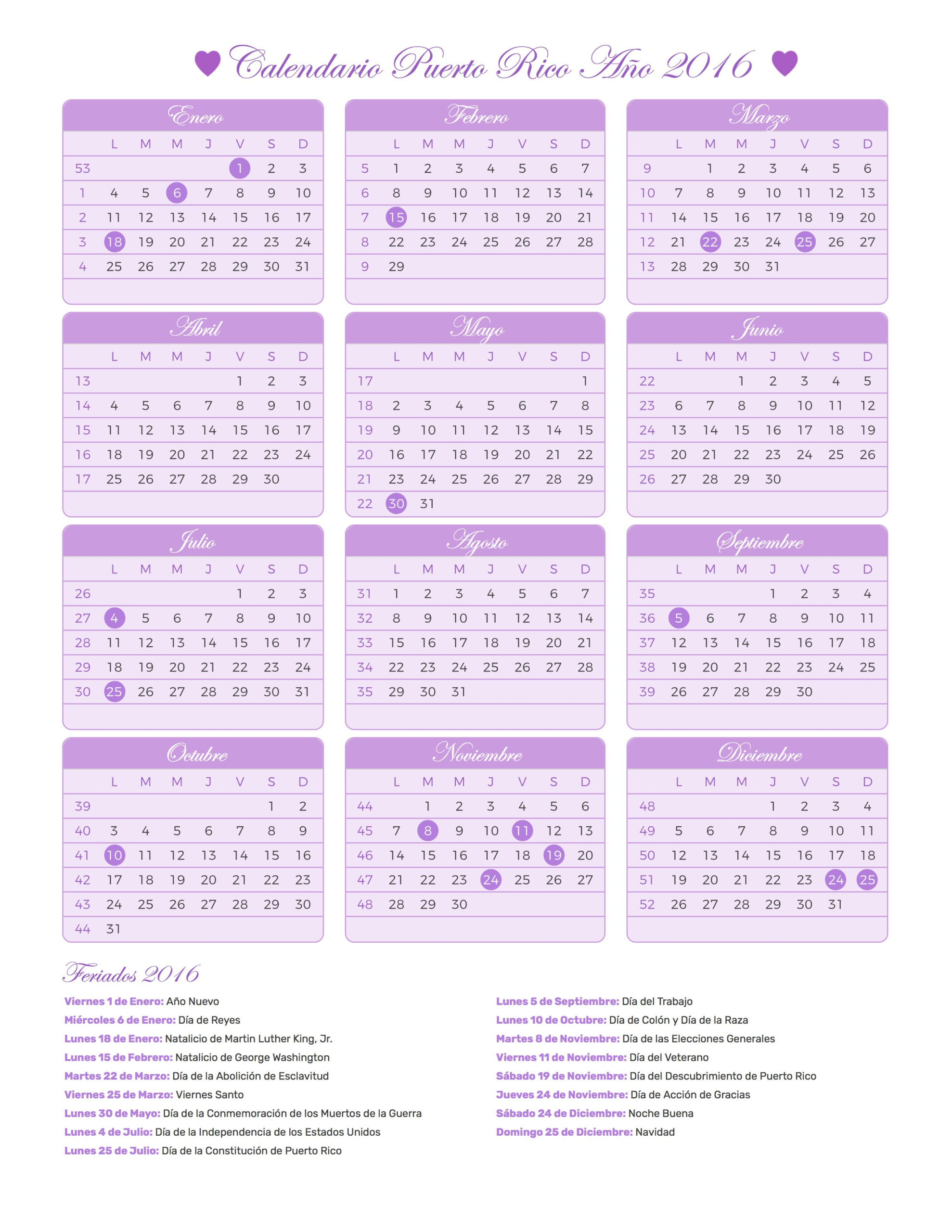 Calendario Puerto Rico Año 2016 | Feriados throughout Lunar Calendar Puerto Rico