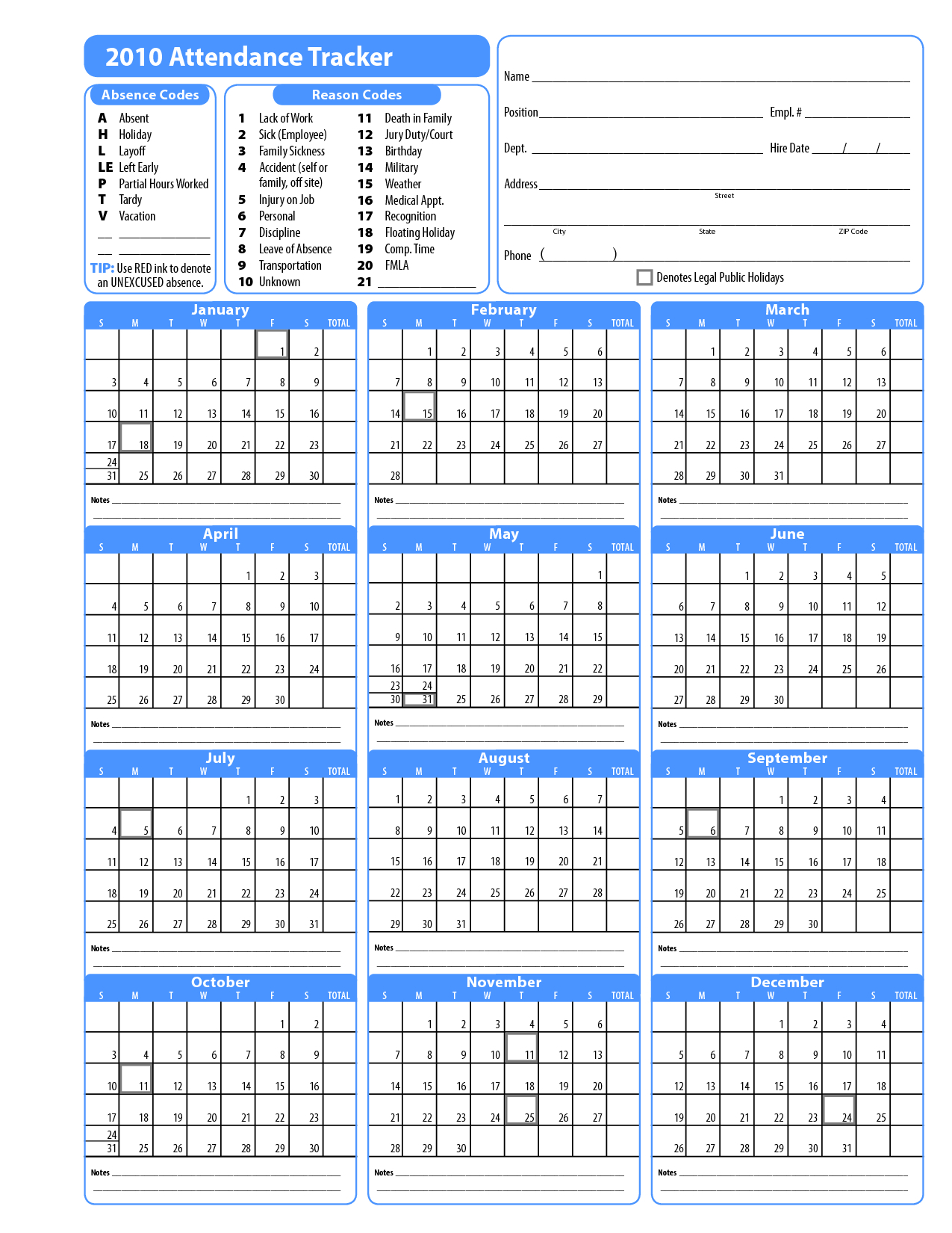 Catch 2020 Employee Attendance Calendar Printable pertaining to Vacation Tracking Calendar