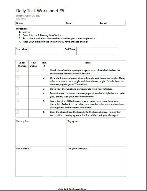 Daily Task Worksheets | Daily Task, Staff Motivation within Executive Functioning Activity Worksheets