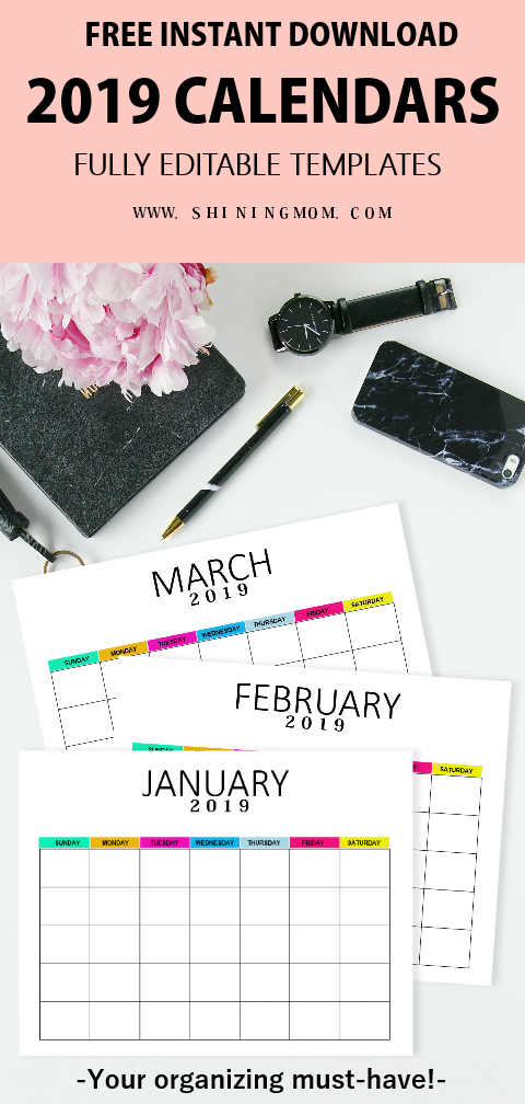 Free Editable Blank Calendar 2019: Colorful Monthly Template! with Blank Instagram Template 2018