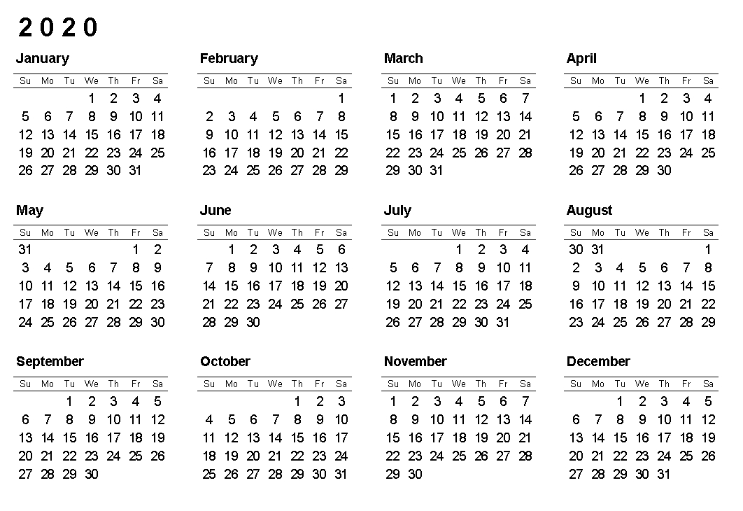 Free Yearly Printable Calendar 2020 With Holidays throughout Calendar Template 12 Months One Page
