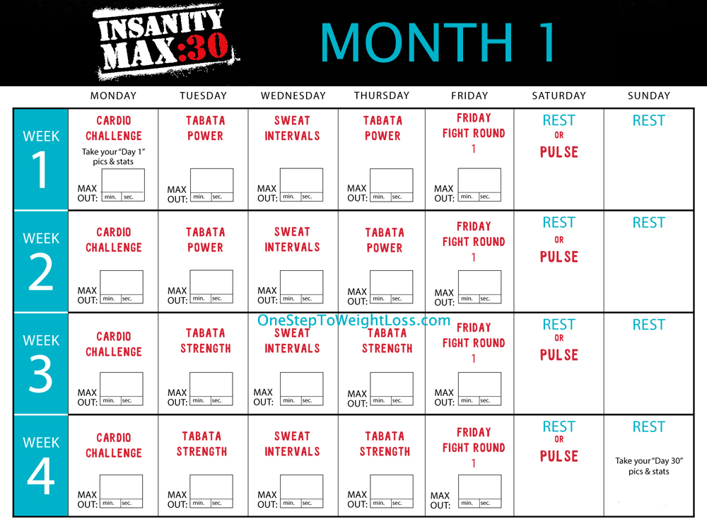 Iinsanity Max 30 Schedule | Template Printable for Insanity Max 30 Meal Plan