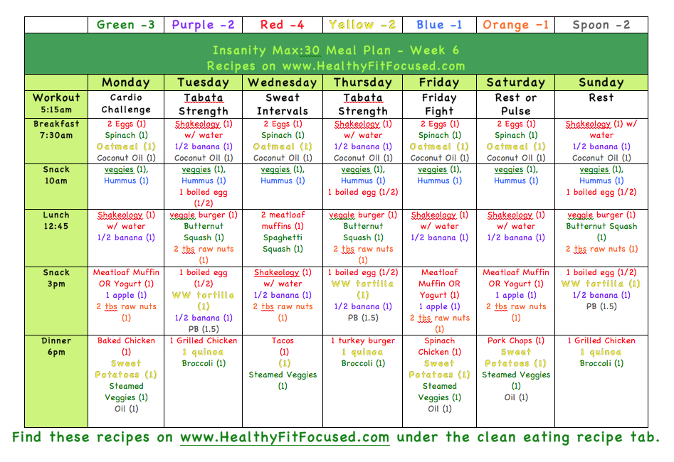 Insanity Max 30 Meal Plan ⋆ Calendar for Planning