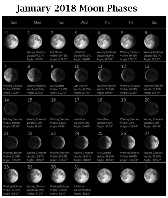 January 2018 Moon Calendar | Moon Calendar, Moon Phase inside Lunar Calendar For Cockfighting 2018