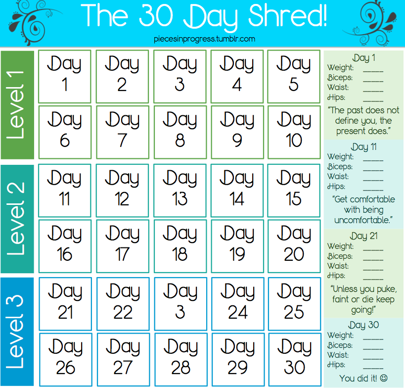 Just Yasmeen  30 Day Shred in 30 Day Calendar Template