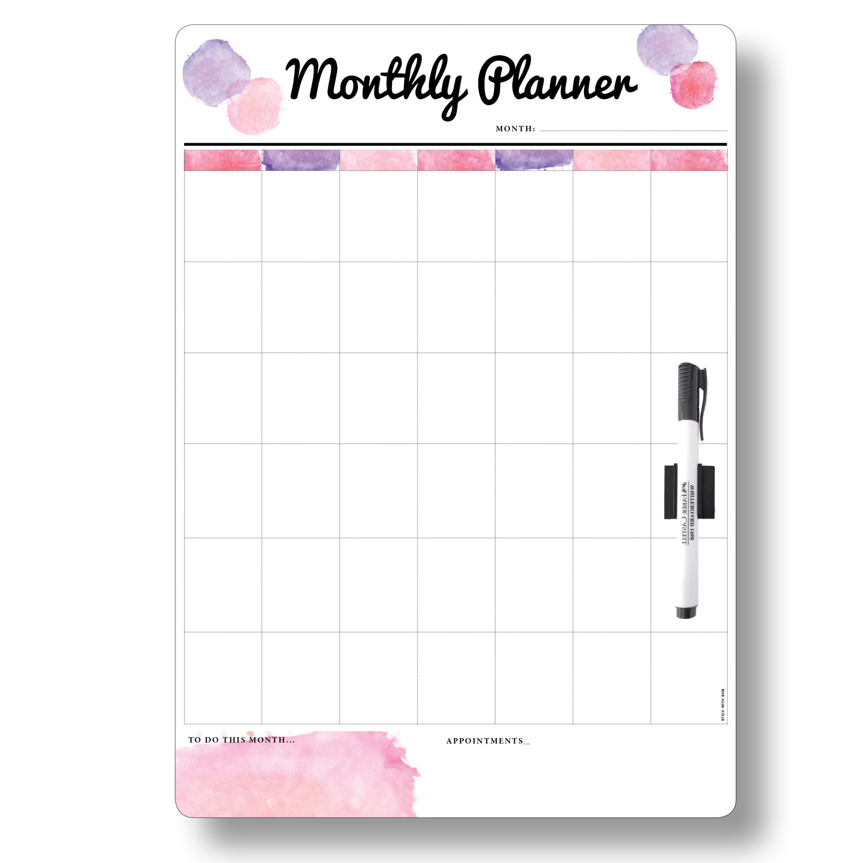 Large Pink &quot;Monthly Planner&quot; Magnetic Whiteboard with Printed Planner Whiteboards