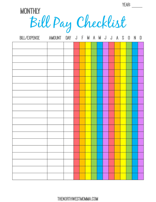 Multicolor Monthly Bill Payment Checklist Template for Monthly Bill Chart Printable