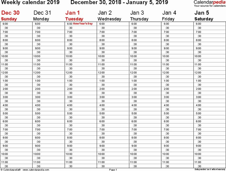 One Week Calendar With Hours Elegant Weekly Calendars 2019 throughout One Week Calendar Template Excel