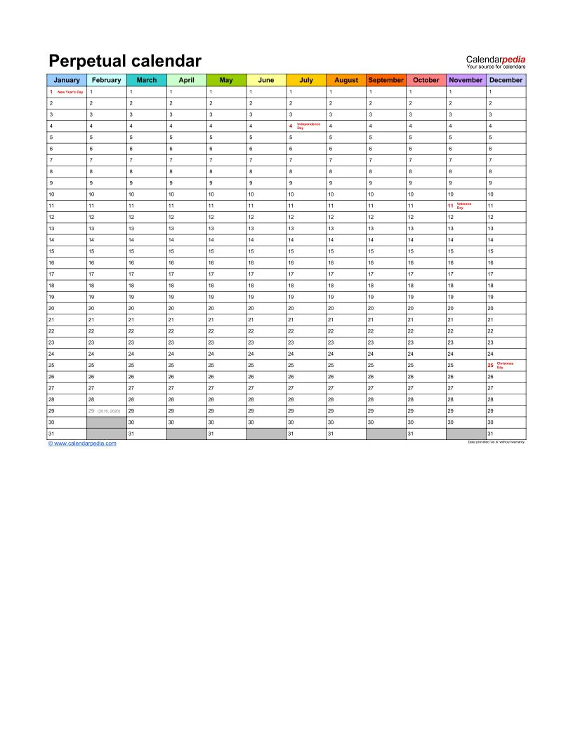 Perpetual Calendar Template 3  Pdf, Google Sheet, Excel for Google Excel Calendar Template