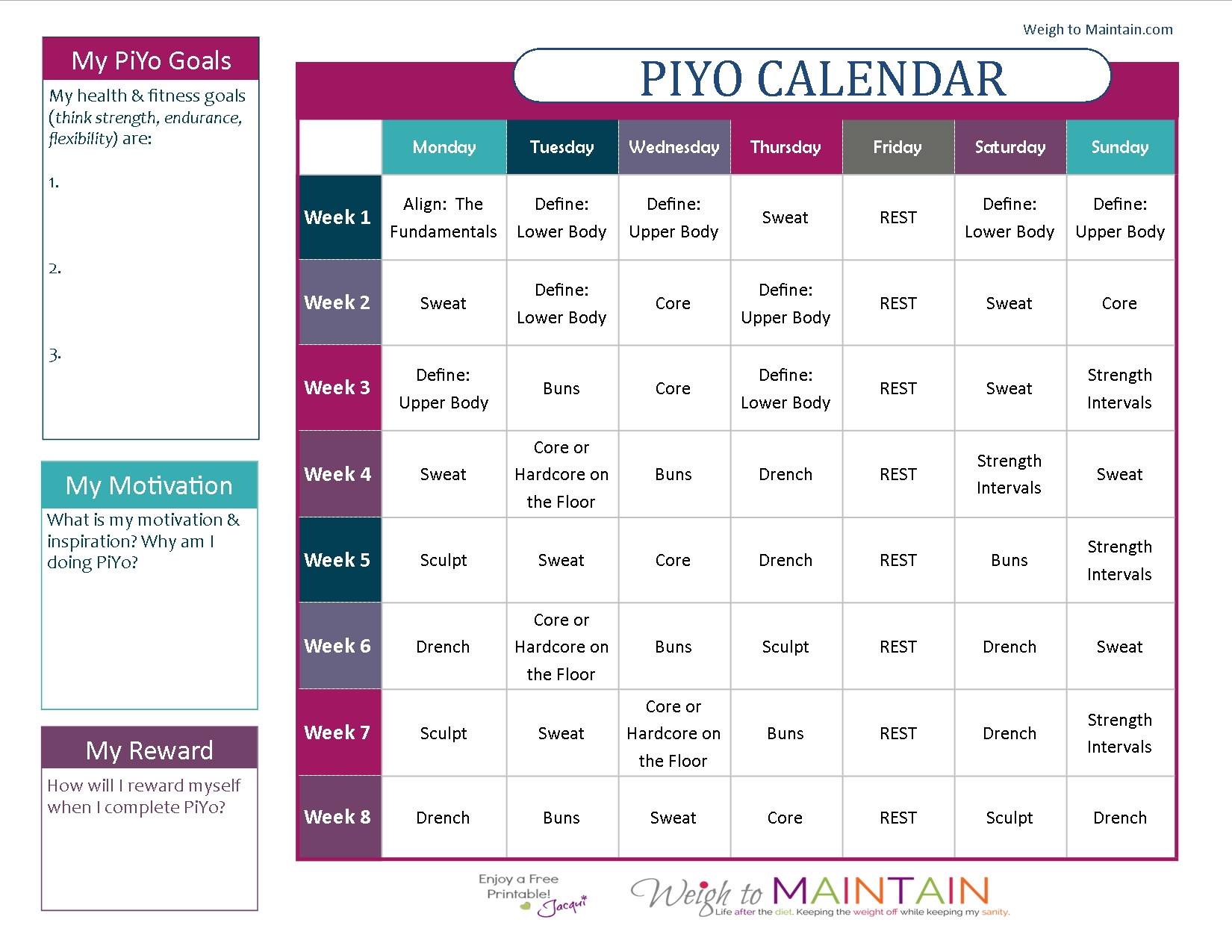 Piyo 8 Week Calendar | Ten Free Printable Calendar 20202021 pertaining to Piyo 21 Day Fix Hybrid Calendar