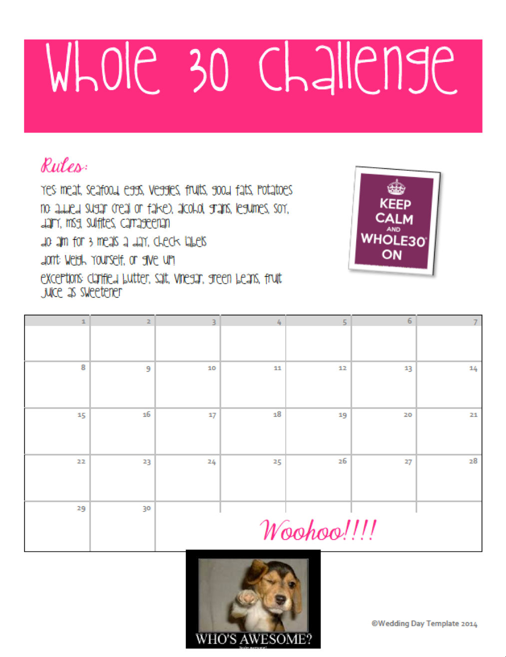 Printable Whole 30 Challenge Calendar By Weddingdaytemplate in 30 Day Calendar Template