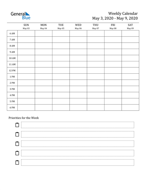 Weekly Calendar  May 3, 2020 To May 9, 2020  (Pdf, Word with Am Pm Schedule Template