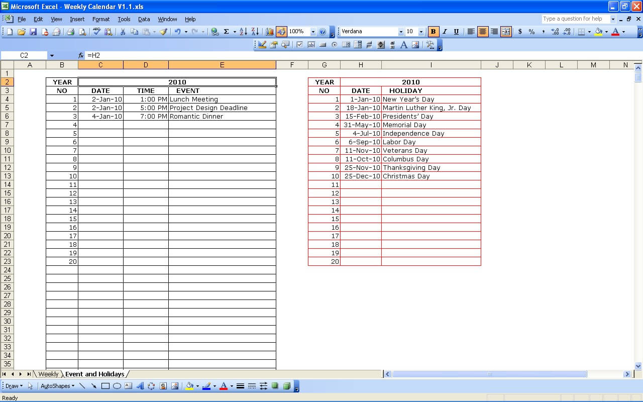 Weekly Calendar With Holidays » Exceltemplate intended for One Week Calendar Template Excel