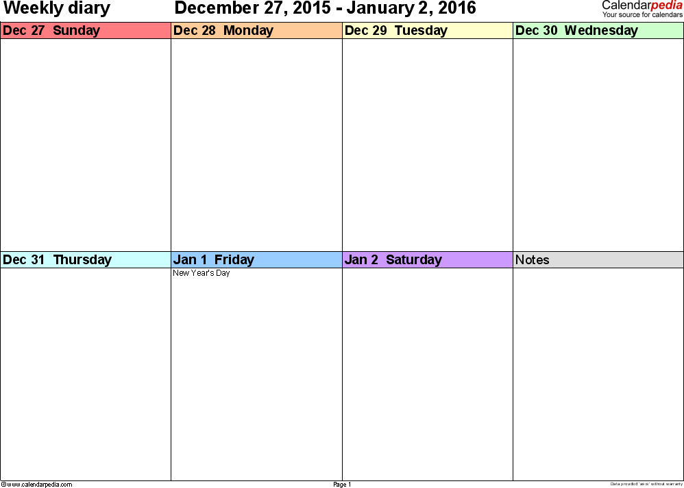Weekly Calendars 2016 For Excel  12 Free Printable Templates in One Week Calendar Template Excel