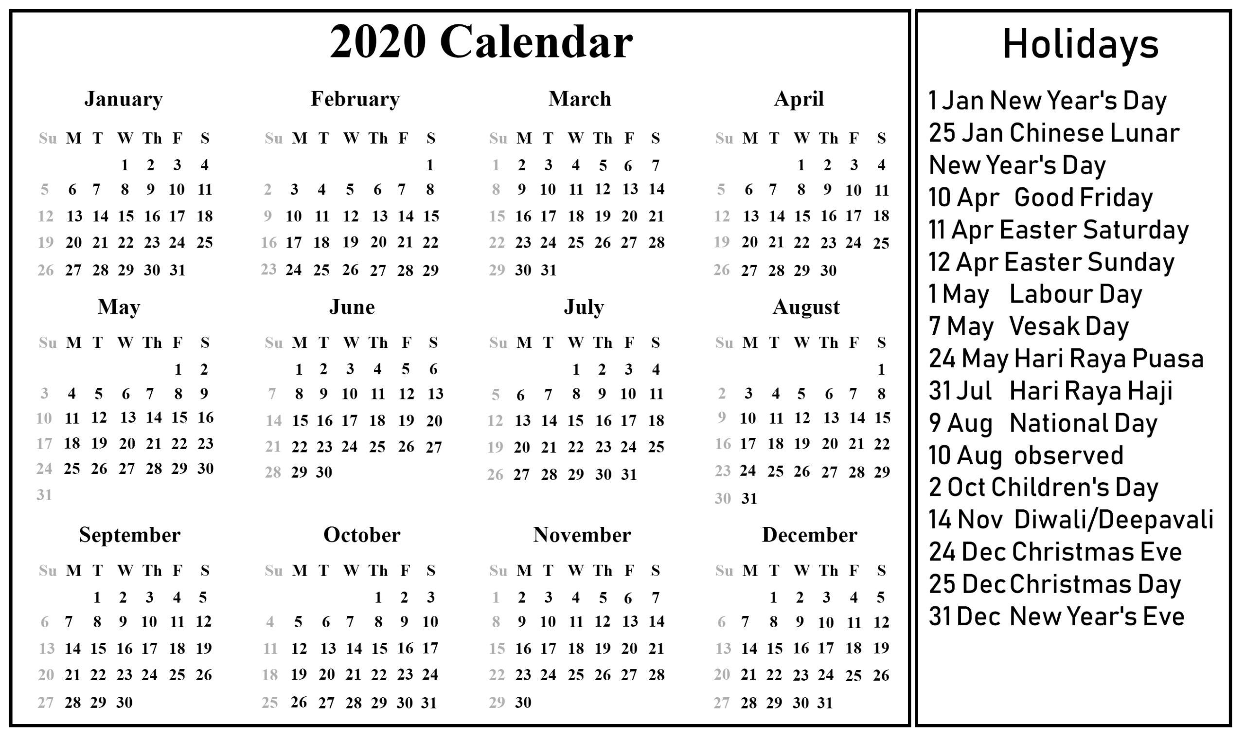 12 Month 2020 Printable Calendar Template With Holidays with Ocsb School Year Calendar