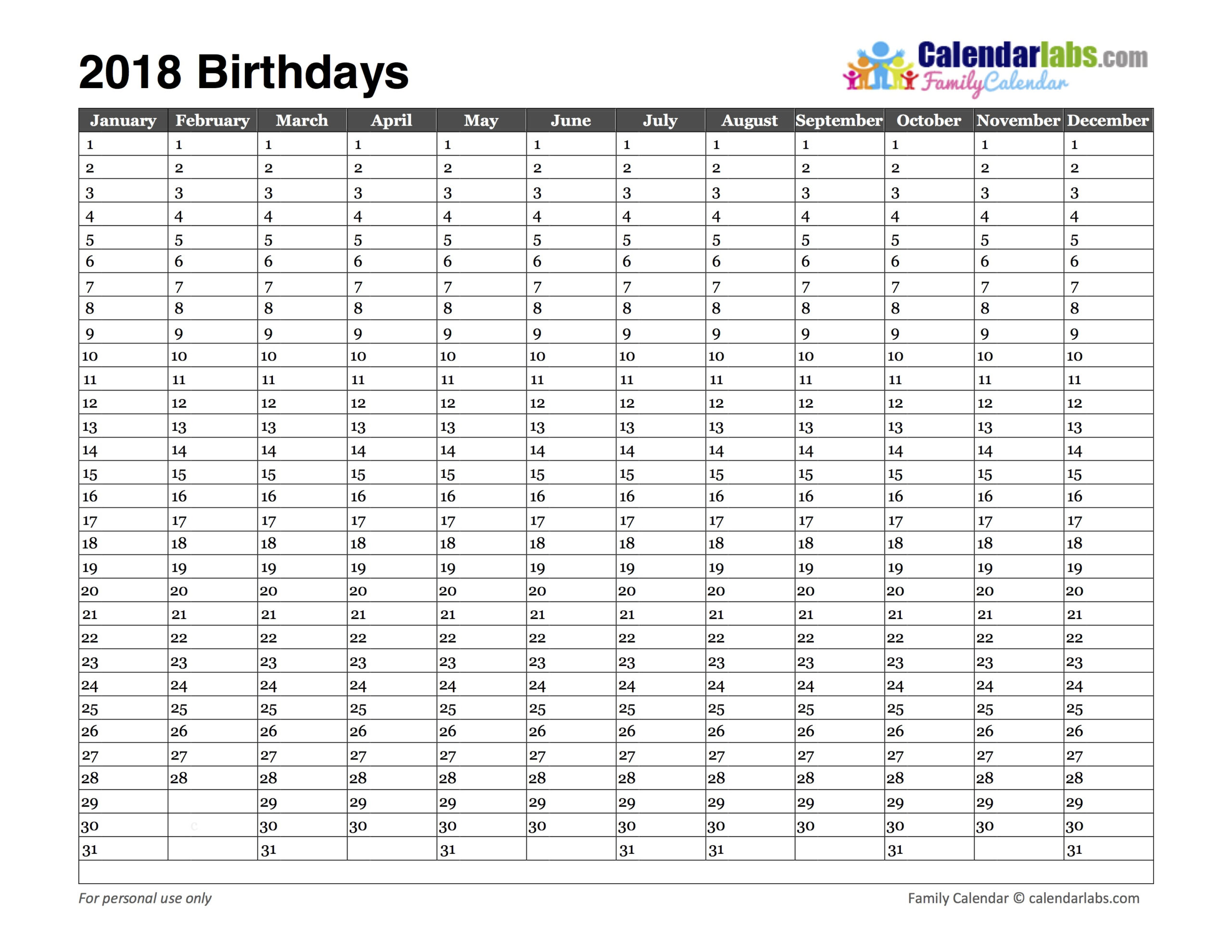2018 Birthday Calendar Template  Free Printable Templates throughout Birthday Calendar Template Excel