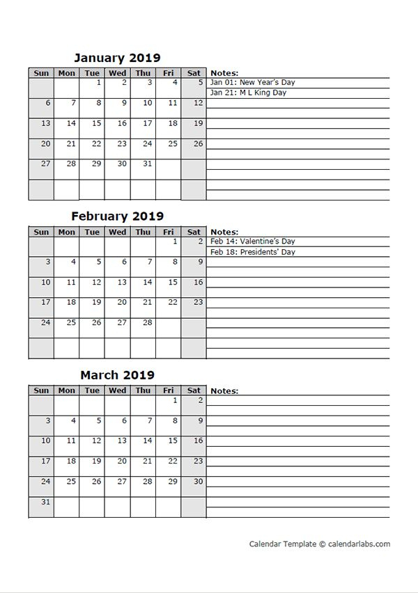 2019 Three Month Calendar Template | Calendar Template with Blank 3 Month Calendar