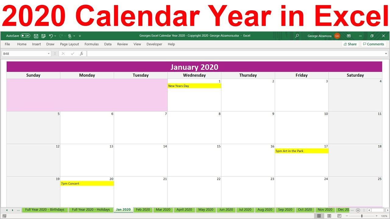 2020 Excel Calendar Template. 2020 Planner Spreadsheet pertaining to Year At A Glance Calendar Template