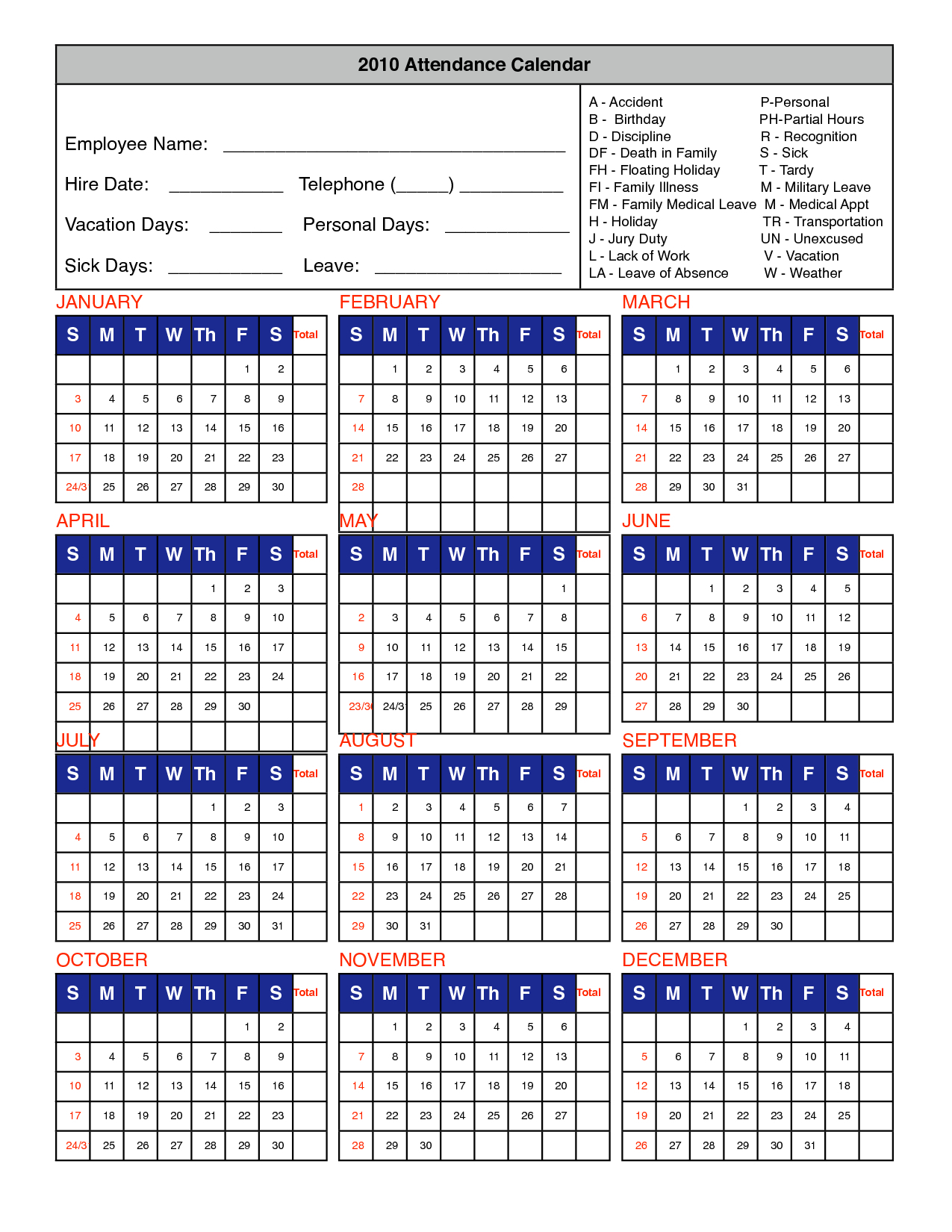 2020 Printable Free Attendance Tracker  Calendar with Sick Day Calendar For Employees 2021