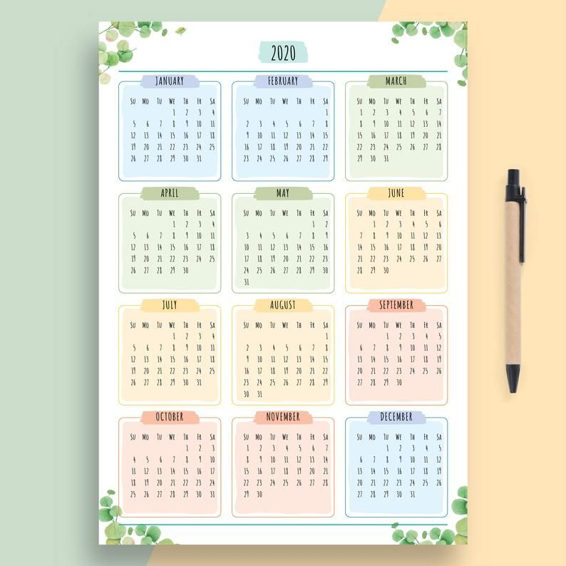 2020 Yearly Calendar Printable, Year At A Glance Calendar intended for Year At A Glance Calendar Template