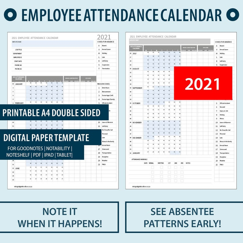 2021 A4 Printable Employee Attendance Absentee | Etsy inside Sick Day Calendar For Employees 2021