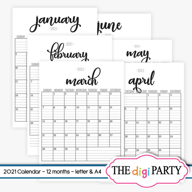 2021 Lined Monthly Calendars Full Year Pdf Printable | Etsy within Free Printable Calendar With Lines On Days 2021