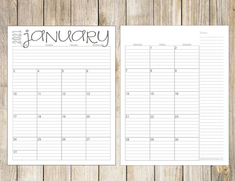 2021 Monthly 2Page Lined Calendars Full Year Printable | Etsy with regard to Free Printable Calendars 2021 With Lines