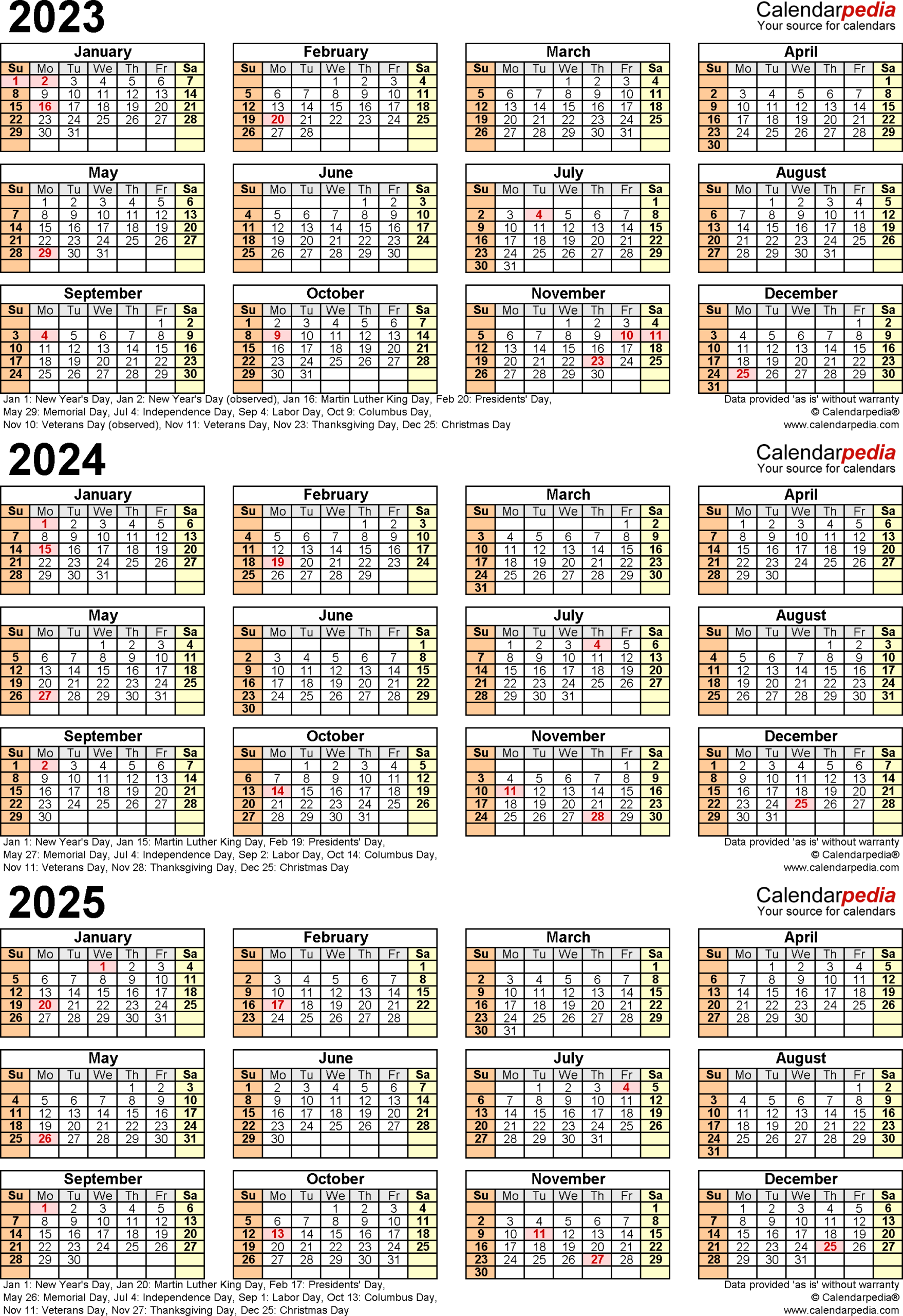 20232025 Three Year Calendar  Free Printable Pdf Templates with Federal Holidays 2025