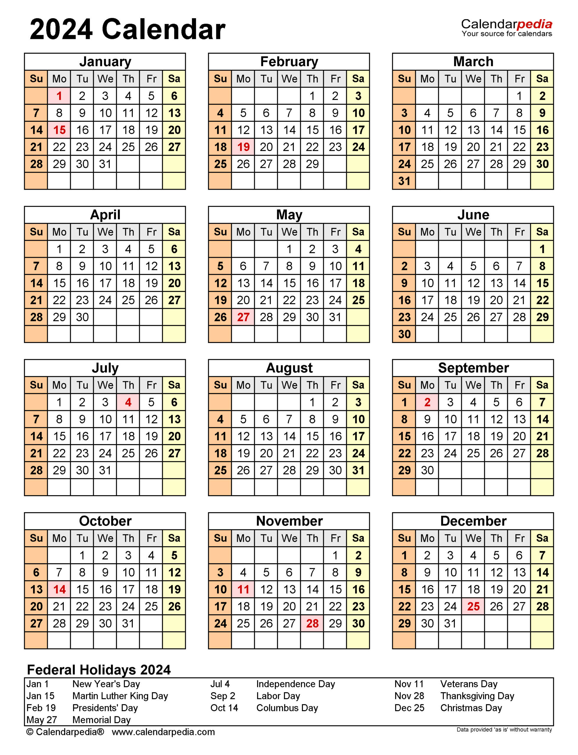 2024 Calendar  Free Printable Pdf Templates  Calendarpedia with regard to Federal Holidays 2025