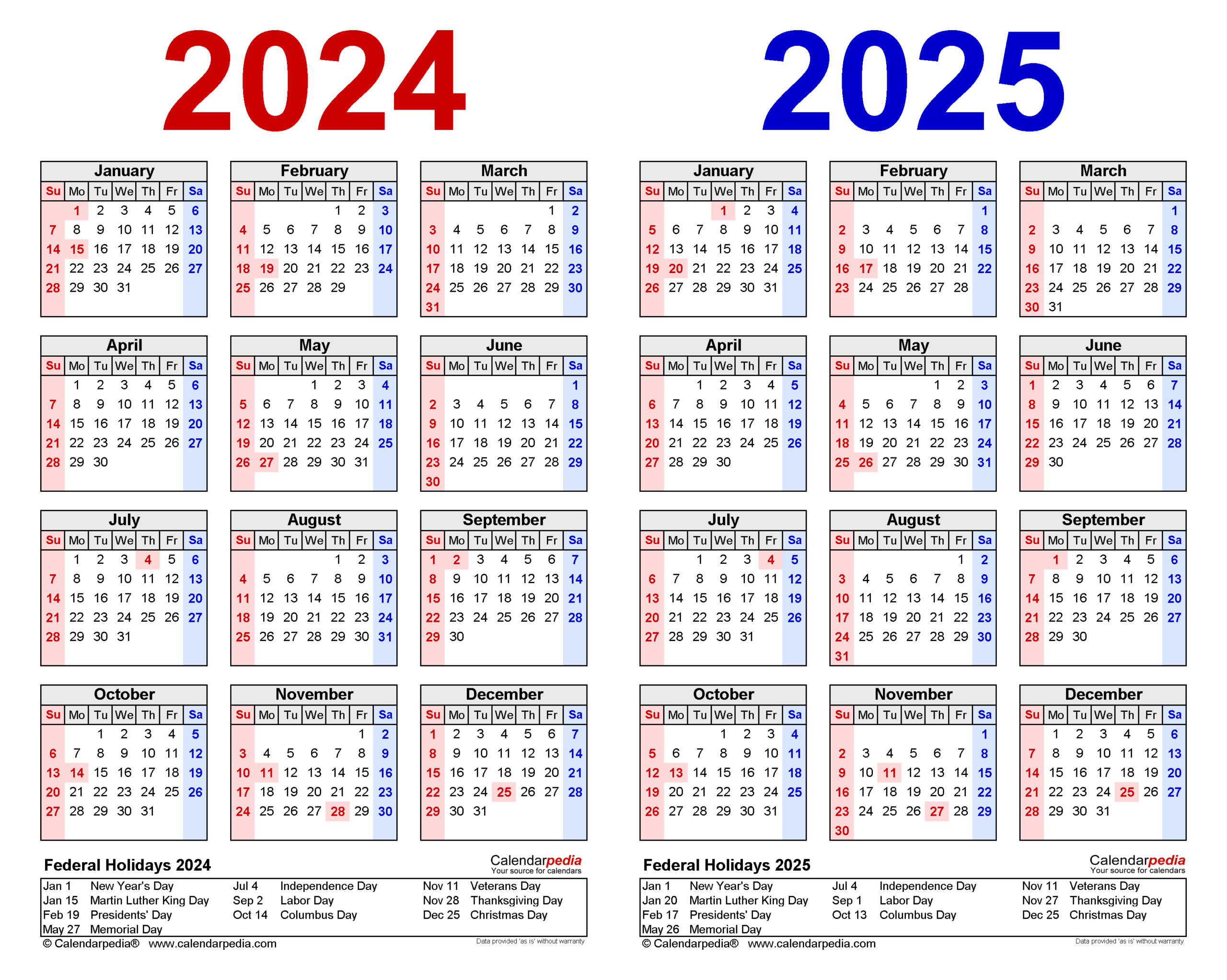 20242025 Two Year Calendar  Free Printable Pdf Templates with Federal Holidays 2025