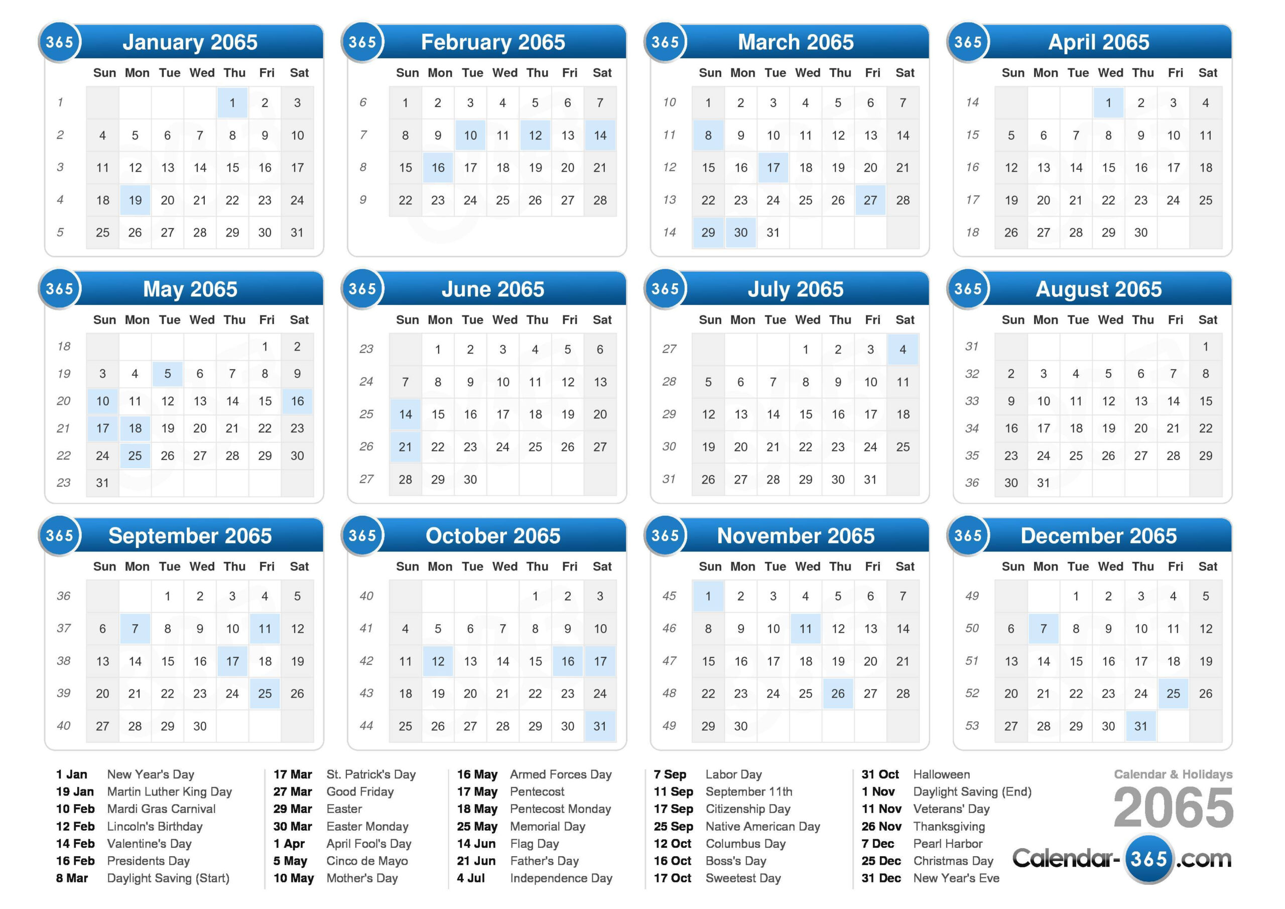 2065 Calendar for Federal Holidays 2025